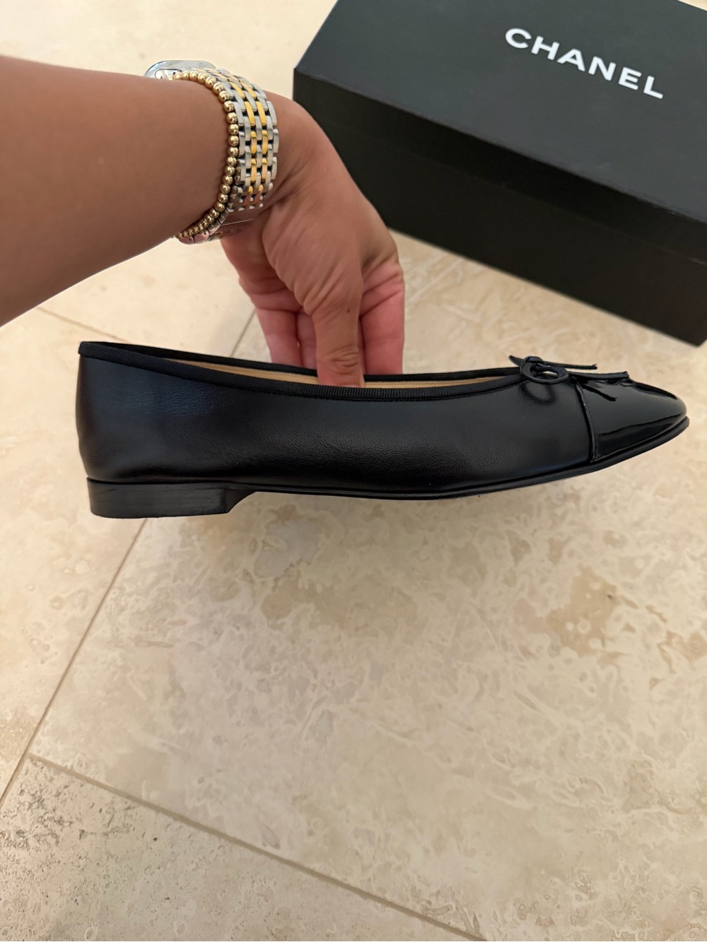 CHANEL Black Patent Cap-Toe Bow Ballet Flats - Picture 6 of 10
